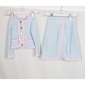 Angel's Face Baby Blue Pink Trim Knit Cardigan Skirt Set 3T 4T Easter Sunday